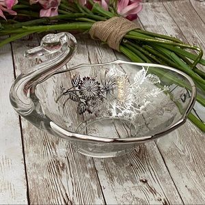 Vintage Glass Swan Flower Silver Overlay Soap Trinket Candy Dish